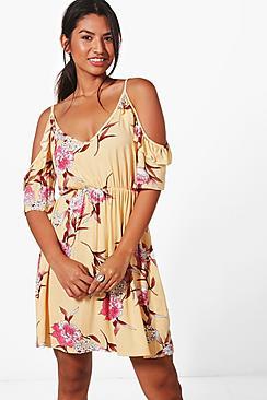 Boohoo Katie Floral Cold Shoulder Skater Dress