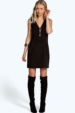 Boohoo Sian Plunge Pocket Front Shift Suedette Dress