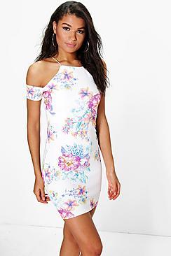 Boohoo Thea Floral Cold Shoulder Strappy Bodycon Dress