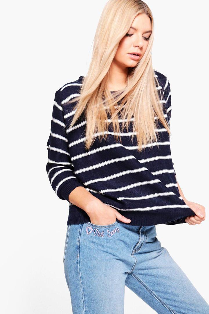 Boohoo Elizabeth Cold Shoulder Striped Jumper Navy