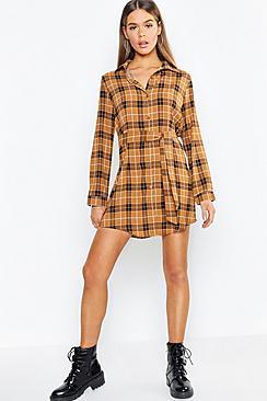 Boohoo Tonal Check Belted Woven Shirt Dress
