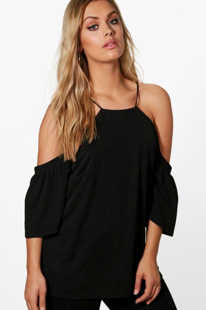 Boohoo Plus Kate Open Shoulder Ruffle Top Black