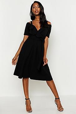 Boohoo Cold Shoulder Ruffle Belted Midi Dress