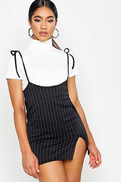 Boohoo Pinstripe Tie Pinny Dress