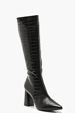 Boohoo Croc Knee High Block Heel Boots