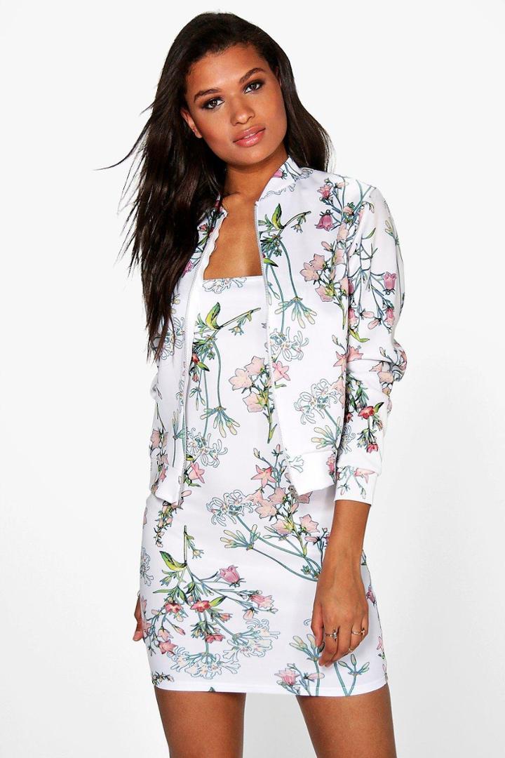 Boohoo Ava Floral Mini Dress & Bomber Co-ord Set White
