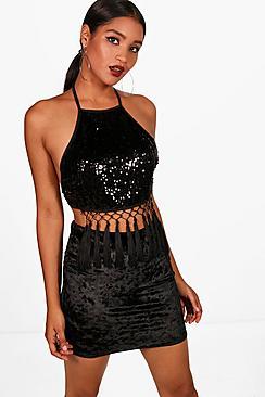 Boohoo Hollie Tassel Sequin Halter Crop