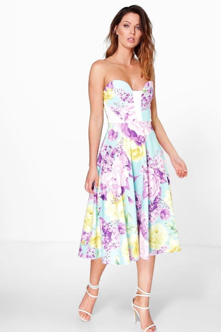 Boohoo Bianca Floral Sweetheart Bandeau Midi Skater Dress Multi