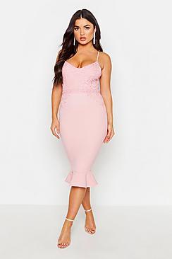 Boohoo Lace Panel Ruffle Hem Midi Dress