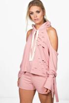 Boohoo Plus Ava Distressed Open Shoulder Short Lounge Set Pink