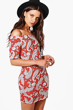 Boohoo Josie Off The Shoulder Printed Bodycon Dress