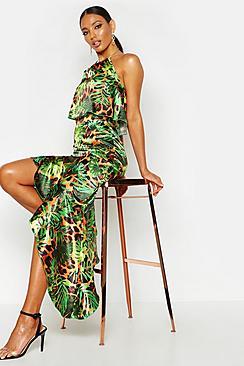 Boohoo Satin Tropical Leopard Ruffle Midi Skirt