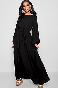 Boohoo Petite Sia Shirred Waist And Cuff Maxi Dress