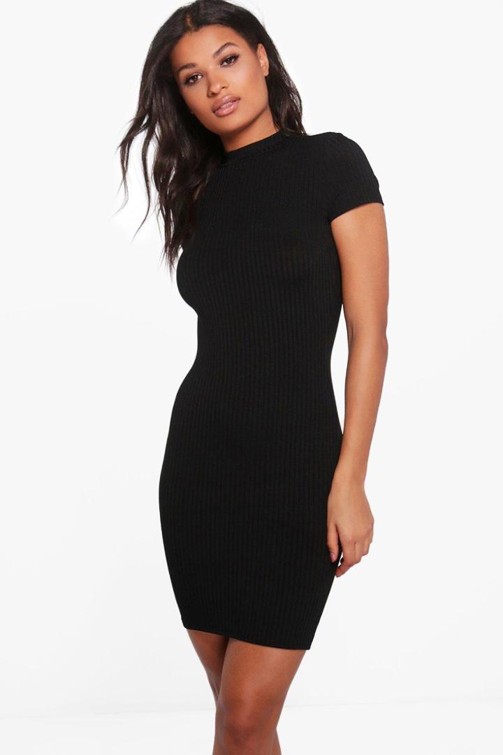 Boohoo Ali High Neck Cap Sleeve Rib Bodycon Dress Black