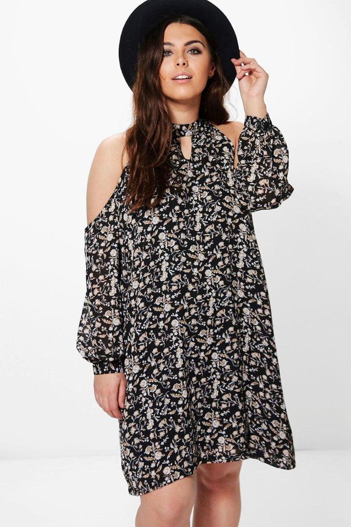 Boohoo Plus Madison Floral Open Shoulder Shift Dress Black