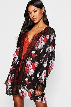 Boohoo Floral Chiffon & Lace Dressing Gown