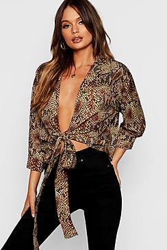 Boohoo Snake Print Tie Front Shirt