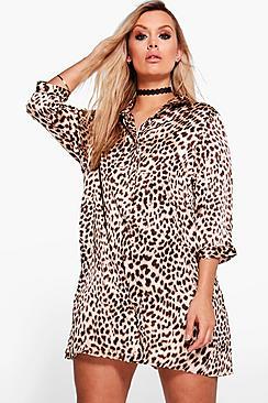 Boohoo Plus Lucy Leopard Print Shirt Dress