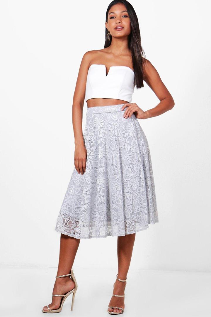 Boohoo Calla Basic Lace Skater Midi Skirt Silver