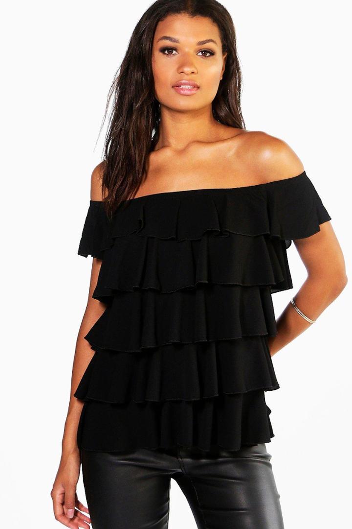 Boohoo Ona Woven Frill Layer Bardot Top Black