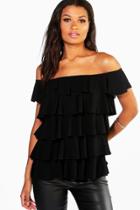 Boohoo Ona Woven Frill Layer Bardot Top Black
