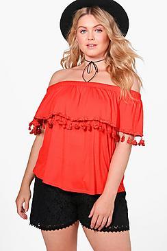 Boohoo Plus Melissa Off The Shoulder Tassel Trim Top