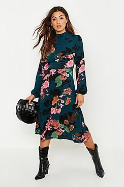 Boohoo Floral Volume Sleeve Skater Dress
