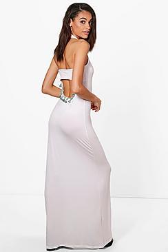 Boohoo Louise Halter Neck Swing Dress With Pom Pom Trim