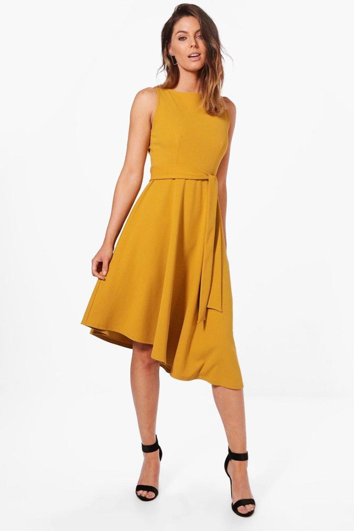 Boohoo Poppy Asymetric Formail Midi Skater Dress Chartreuse