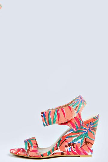 Boohoo Scarlet Palm Print Ankle Strap Mid Wedge - Coral