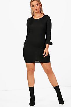 Boohoo Plus Gill Rib Frill Cuff Basic Bodycon Dress