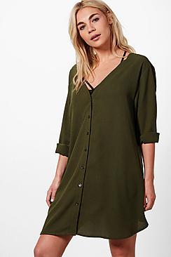 Boohoo Sade V Neck Off Shoulder Shirt Dress