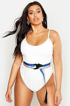 Boohoo Plus Glitter Waist Belt Textured Swimsuit