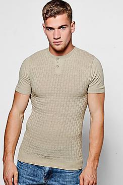 Boohoo Muscle Fit Grandad Collar Basket Knit T-shirt