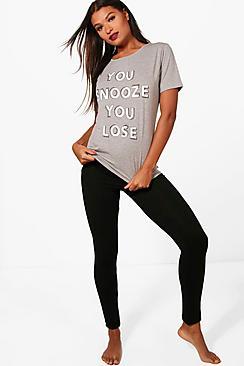 Boohoo Holly 'you Snooze You Lose' T & Legging Pj Set
