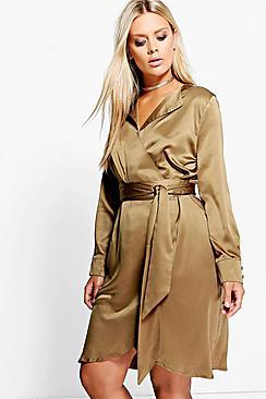 Boohoo Plus Tessa Satin Wrap Shirt Dress