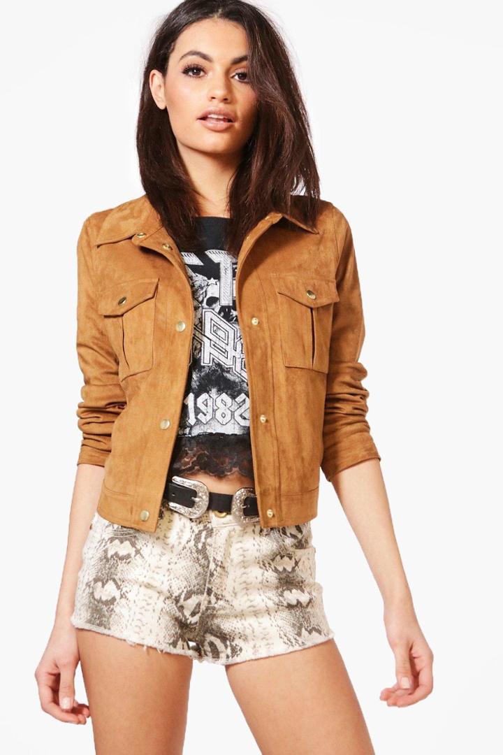 Boohoo Boutique Adele Faux Suede Trucker Jacket Camel