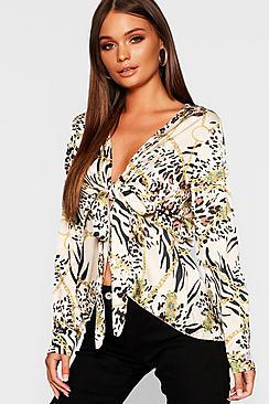 Boohoo Satin Chain Print Tie Front Blouse