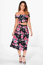Boohoo Ivy Off The Shoulder Dark Floral Crop And Midi Skirt Co-ord