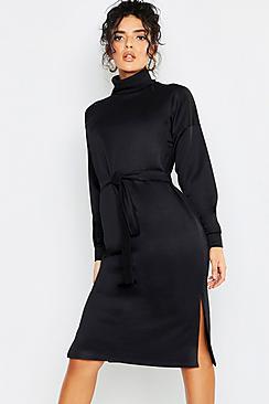 Boohoo Roll Neck Self Belt Midi Sweat Dress