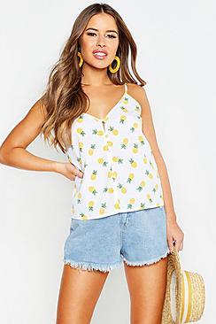 Boohoo Petite Pineapple Print Self Fabric Button Cami