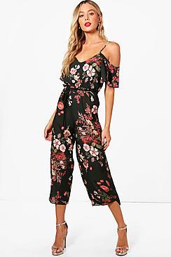 Boohoo Nina Cold Shoulder Dark Floral Jumpsuit