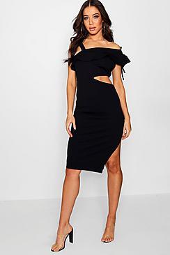 Boohoo Jess Ruffle One Shoulder Cut Out Midi Dress