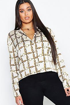 Boohoo Plus Satin Chain Print Revere Collar Shirt