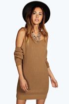 Boohoo Maisie Tab Top Open Shoulder Jumper Dress Camel