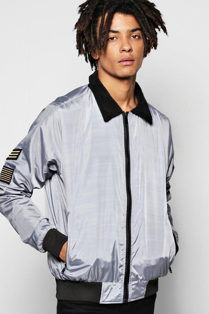 Boohoo Badged Harrington Jacket With Borg Collar Silver