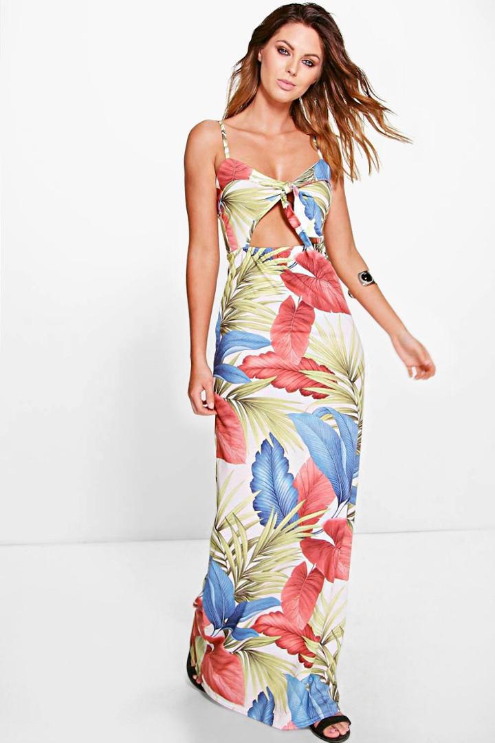 Boohoo Mia Tropical Printed Bow Front Maxi Dress Multi