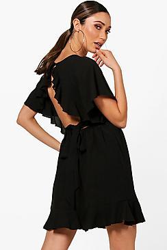 Boohoo Rita Ruffle Open Back Tea Dress