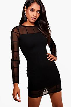 Boohoo Lucie Flock Grid Long Sleeve Bodycon Dress