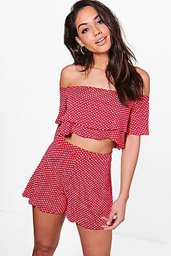 Boohoo Jen Polka Dot Off Shoulder Crop & Short Co-ord